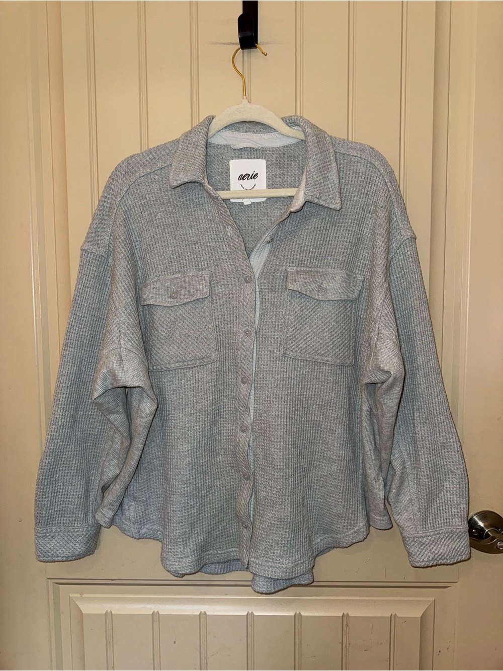 Aerie Lumberjane Waffle Button Down Shirt in Grey Size Small Oversized